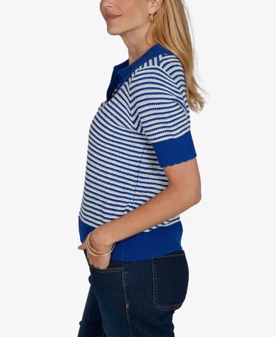 Ruby Rd. Petite Two-tone Collared Elbow-sleeve Sweater In Cobolt Multi