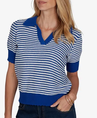 Ruby Rd. Petite Two-tone Collared Elbow-sleeve Sweater In Cobolt Multi