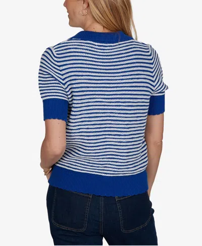 Ruby Rd. Petite Two-tone Collared Elbow-sleeve Sweater In Cobolt Multi