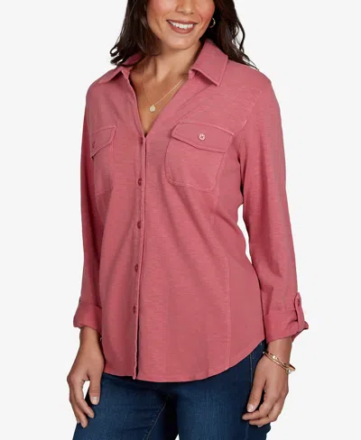 Ruby Rd. Petite Rib Trim Button-front Knit Top In Rose