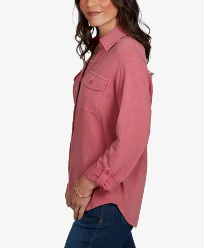Ruby Rd. Petite Rib Trim Button-front Knit Top In Rose