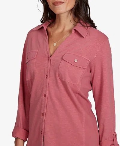 Ruby Rd. Petite Rib Trim Button-front Knit Top In Rose
