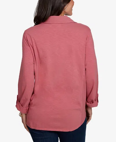 Ruby Rd. Petite Rib Trim Button-front Knit Top In Rose