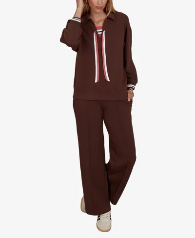 Ruby Rd. Petite Stripe Trim Drawstring Pullover Top In Dark Chocolate