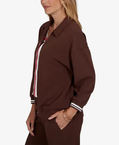 Ruby Rd. Petite Stripe Trim Drawstring Pullover Top In Dark Chocolate