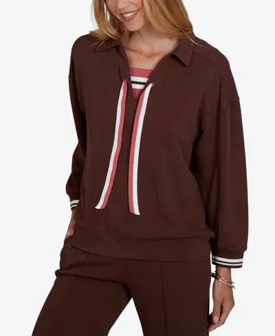 Ruby Rd. Petite Stripe Trim Drawstring Pullover Top In Dark Chocolate