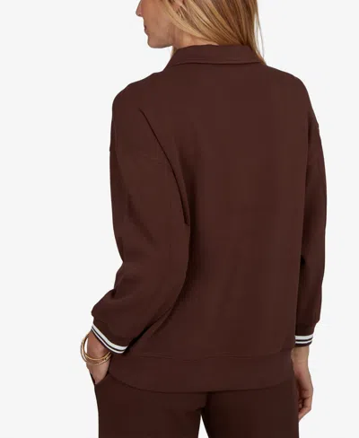 Ruby Rd. Petite Stripe Trim Drawstring Pullover Top In Dark Chocolate