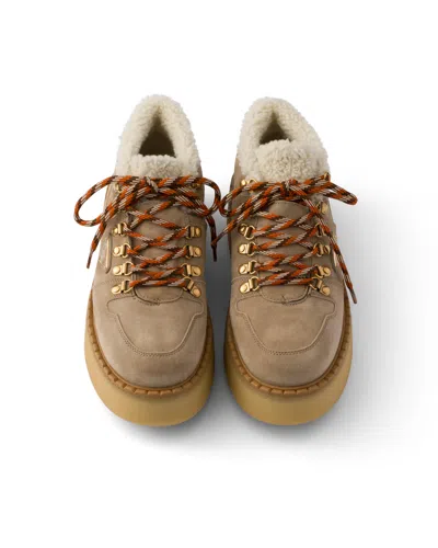 Prada Shearling-lined Suede Booties In Brown