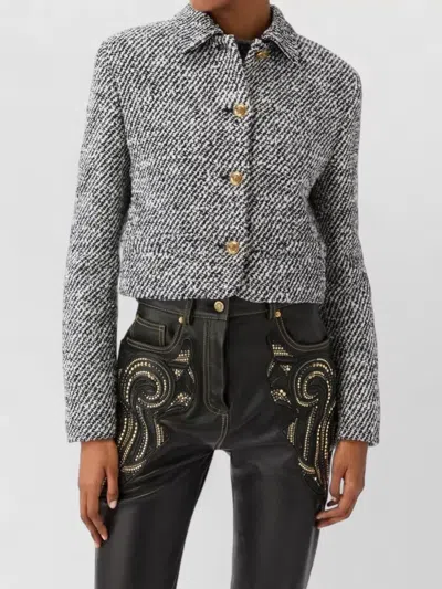 Versace Wool Boucle Jacket Contrast Buttons Cropped In Gray