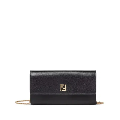 Fendi Ff Continental With Chain Black Leather Wallet In Black