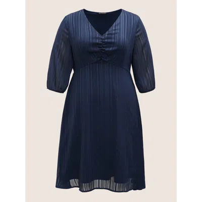Bloomchic Textured Chiffon Mesh Patchwork Ruched Dress In Blue