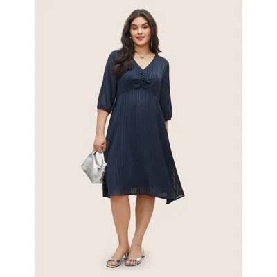 Bloomchic Textured Chiffon Mesh Patchwork Ruched Dress In Blue