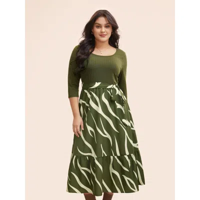 Bloomchic Geometric Texture Patchwork Belted Dress In Green