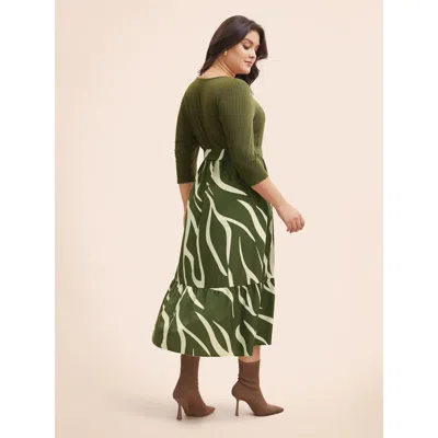 Bloomchic Geometric Texture Patchwork Belted Dress In Green