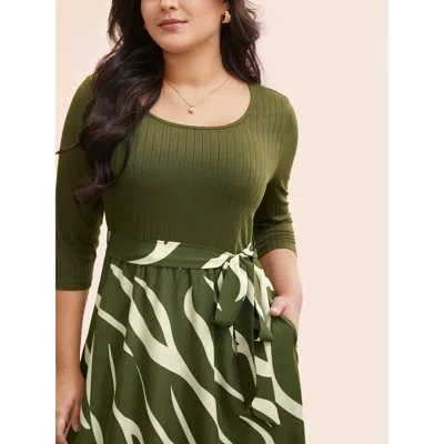Bloomchic Geometric Texture Patchwork Belted Dress In Green