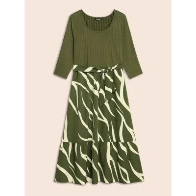 Bloomchic Geometric Texture Patchwork Belted Dress In Green