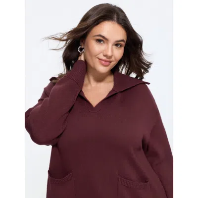 Bloomchic Shawl Collar Side Slit Pockets Pullover In Burgundy