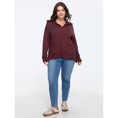 Bloomchic Shawl Collar Side Slit Pockets Pullover In Burgundy