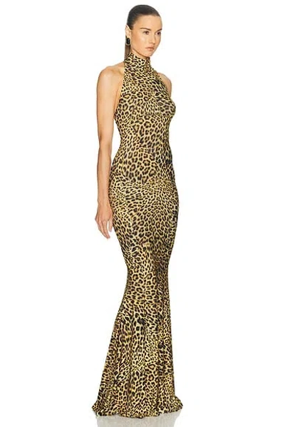 Norma Kamali Halter Turtleneck Printed Fishtail Gown In Brown