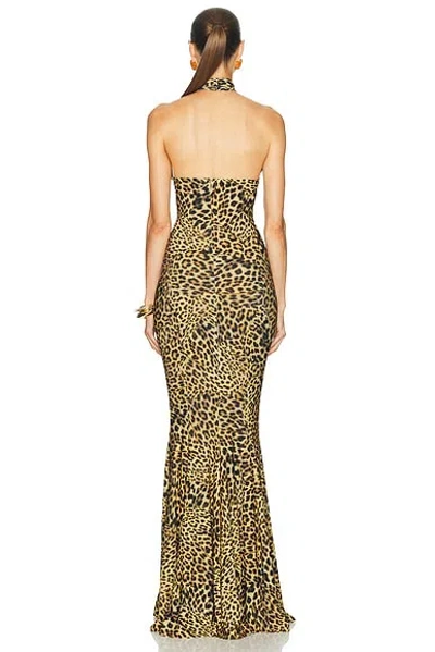 Norma Kamali Halter Turtleneck Printed Fishtail Gown In Brown