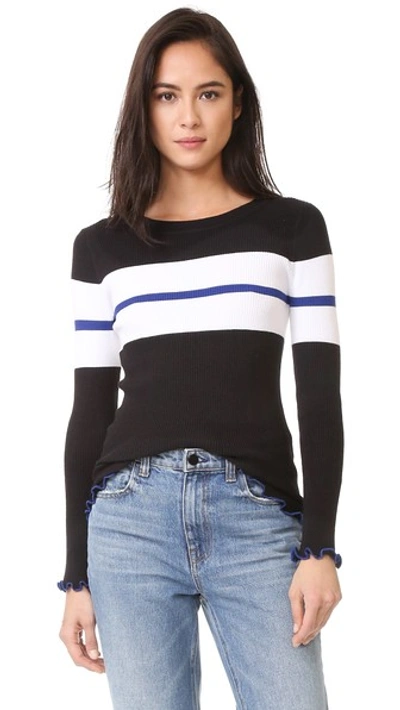 525 America Ruffle Edge Stripe Sweater In Black Combo