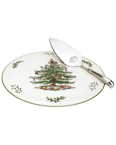 Spode Christmas Tree Cake Plate And Server Set In Multi