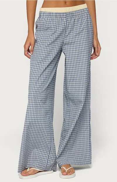 Edikted Indya Plaid Pull-on Wide Leg Pants In Blue