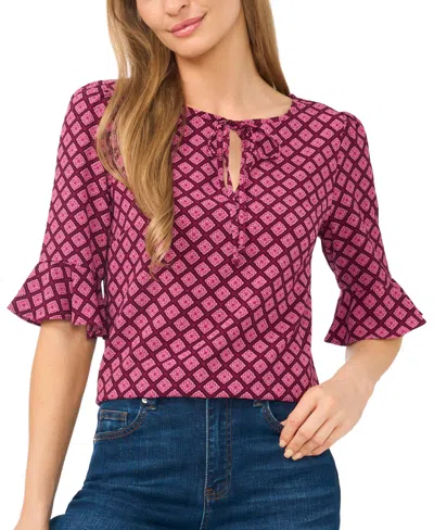 Cece Split Tie Neck Ruffle Top In Pink