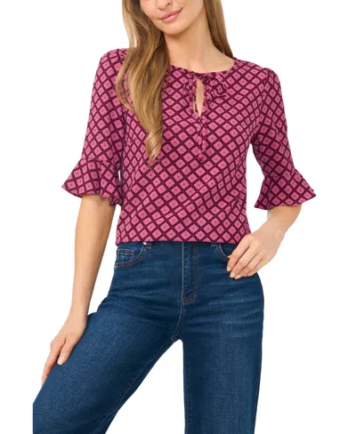 Cece Split Tie Neck Ruffle Top In Pink