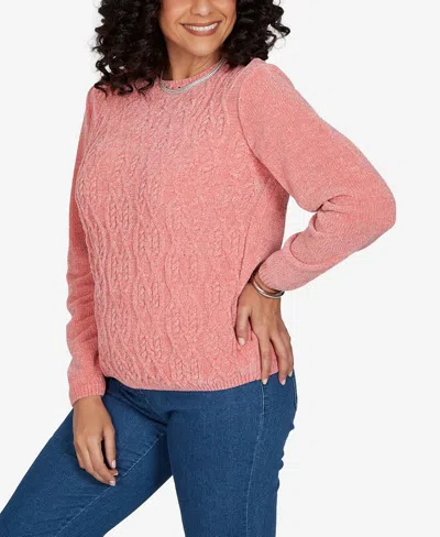 Alfred Dunner Petite Classic Cable Pullover Chenille Sweater In Pink