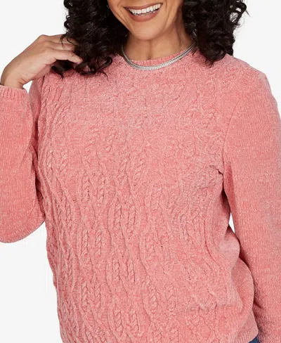 Alfred Dunner Petite Classic Cable Pullover Chenille Sweater In Pink