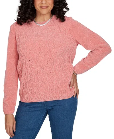 Alfred Dunner Petite Classic Cable Pullover Chenille Sweater In Pink