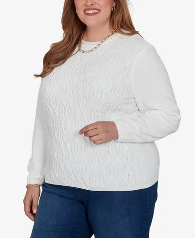Alfred Dunner Plus Size Classic Cable Pullover Chenille Sweater In White