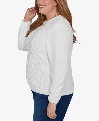 Alfred Dunner Plus Size Classic Cable Pullover Chenille Sweater In White