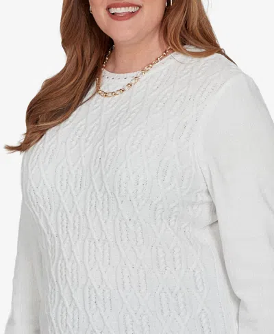 Alfred Dunner Plus Size Classic Cable Pullover Chenille Sweater In White