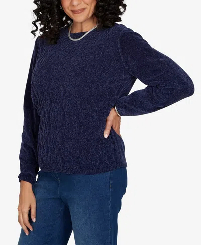 Alfred Dunner Petite Classic Cable Pullover Chenille Sweater In Blue