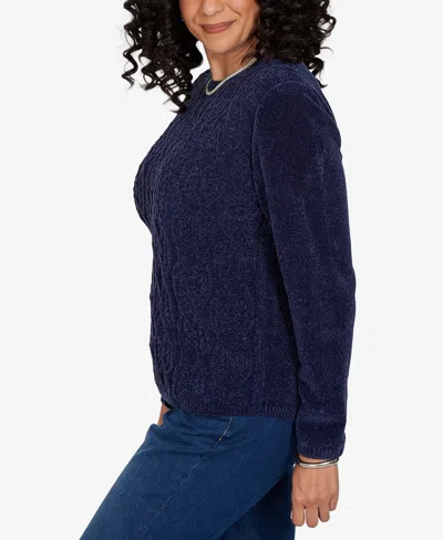 Alfred Dunner Petite Classic Cable Pullover Chenille Sweater In Blue