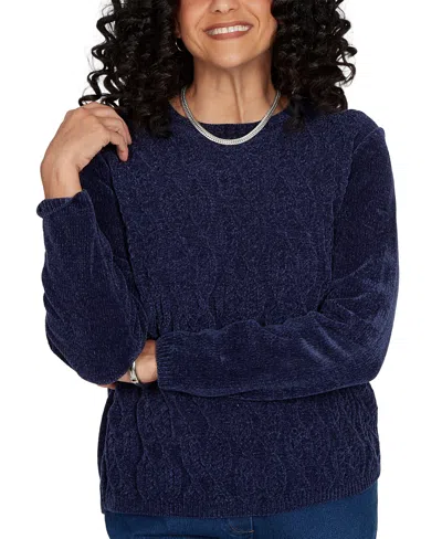 Alfred Dunner Petite Classic Cable Pullover Chenille Sweater In Blue