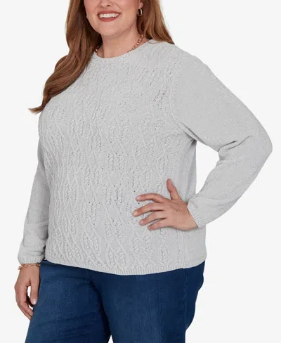 Alfred Dunner Plus Size Classic Cable Pullover Chenille Sweater In Gray