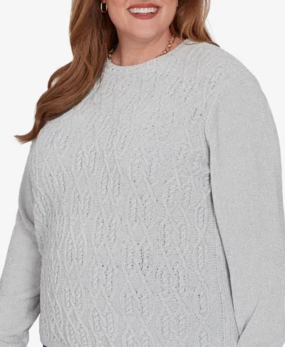 Alfred Dunner Plus Size Classic Cable Pullover Chenille Sweater In Gray
