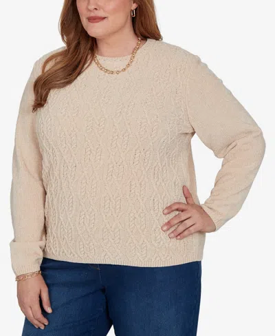 Alfred Dunner Plus Size Classic Cable Pullover Chenille Sweater In Neutral