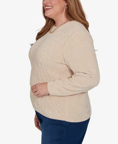 Alfred Dunner Plus Size Classic Cable Pullover Chenille Sweater In Neutral