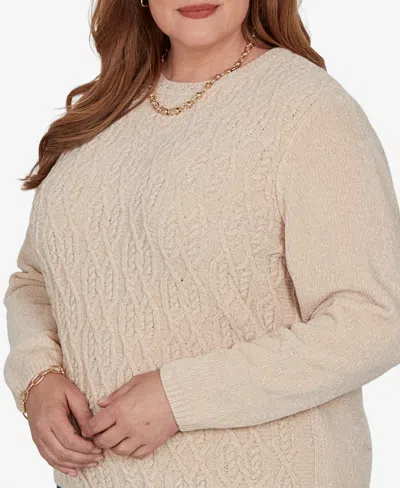 Alfred Dunner Plus Size Classic Cable Pullover Chenille Sweater In Neutral