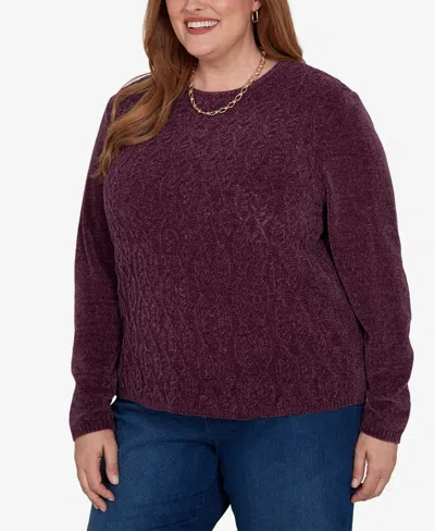 Alfred Dunner Plus Size Classic Cable Pullover Chenille Sweater In Purple