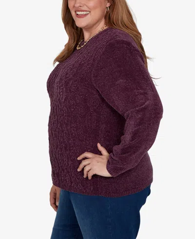 Alfred Dunner Plus Size Classic Cable Pullover Chenille Sweater In Purple