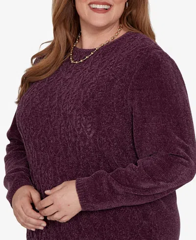 Alfred Dunner Plus Size Classic Cable Pullover Chenille Sweater In Purple