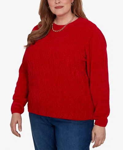 Alfred Dunner Plus Size Classic Cable Pullover Chenille Sweater In Red