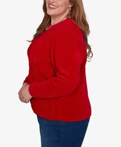 Alfred Dunner Plus Size Classic Cable Pullover Chenille Sweater In Red