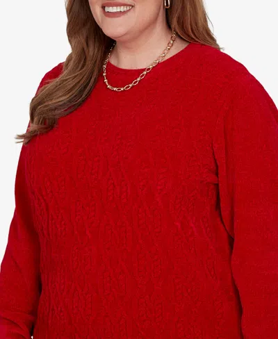Alfred Dunner Plus Size Classic Cable Pullover Chenille Sweater In Red