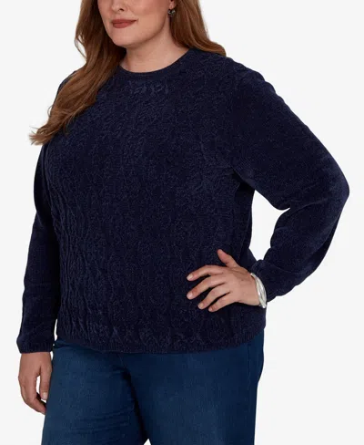 Alfred Dunner Plus Size Classic Cable Pullover Chenille Sweater In Blue